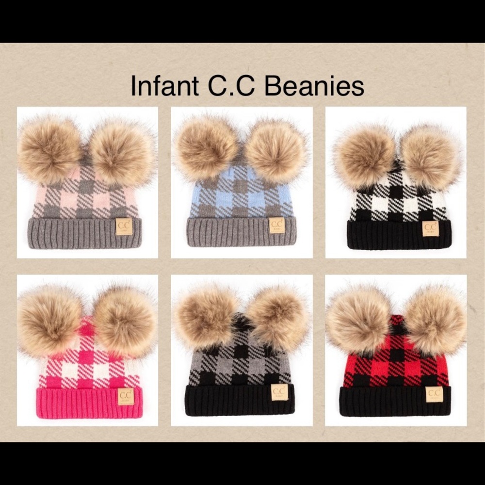 Authentic Baby C.C Exclusives Buffalo Plaid Double Fur Pom beanie hat NWT In pkg